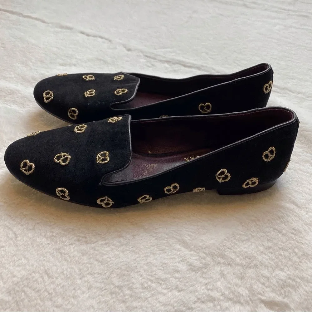 Kate Spade New York Womens 11B Black Gold Pretzel Embroidered Loafers Flats
